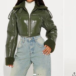 Fashion Nova Dark Green Leather Jacket